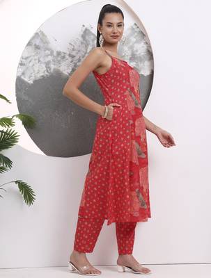 red floral print sequins work cotton kurta trouser with dupatta set 5