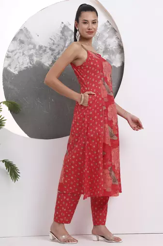 red floral print sequins work cotton kurta trouser with dupatta set