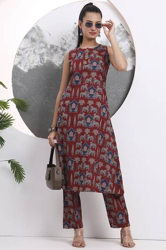 Yufta rust animal print aline pure cotton kurta trouser set