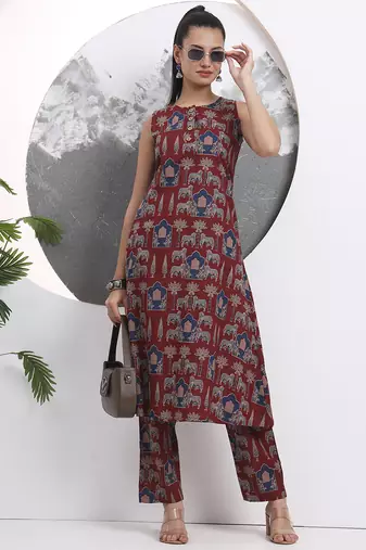 Yufta rust animal print aline pure cotton kurta trouser set