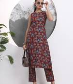 rust animal print aline pure cotton kurta trouser set