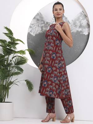 rust animal print aline pure cotton kurta trouser set 2