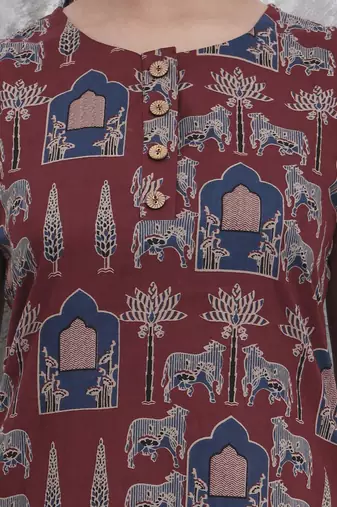 rust animal print aline pure cotton kurta trouser set