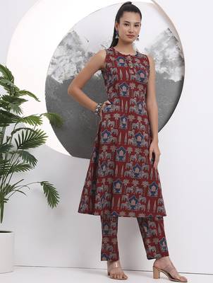 rust animal print aline pure cotton kurta trouser set 5