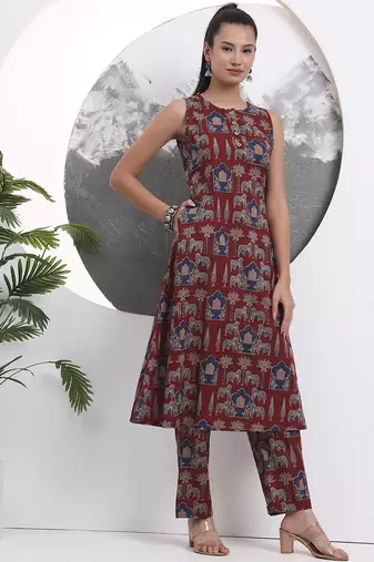 rust animal print aline pure cotton kurta trouser set