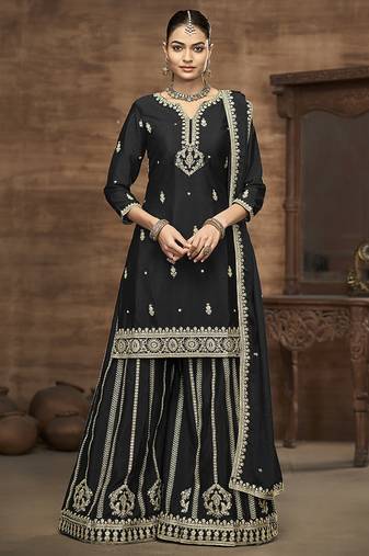 Black embroidered zari work silk palazzo ( full stitched free size )