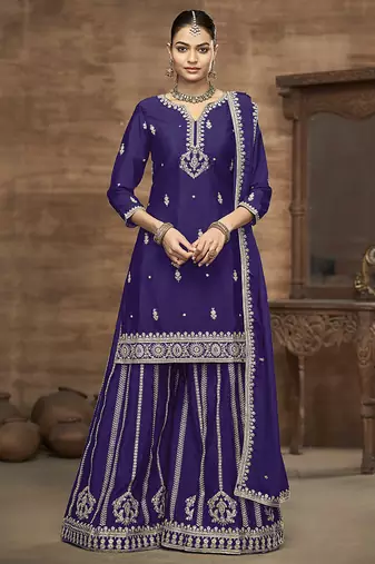 Violet embroidered zari work silk palazzo ( full stitched free size )