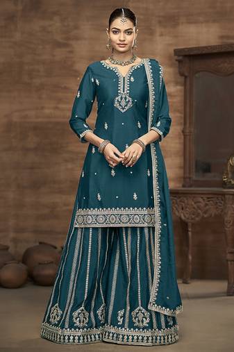 Teal blue embroidered zari work silk palazzo ( full stitched free size )