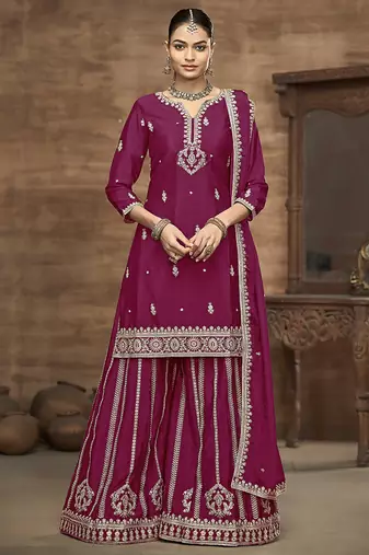 Rani pink embroidered zari work silk palazzo ( full stitched free size )