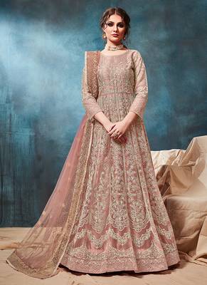 Peach embroidered net anarkali suit 1
