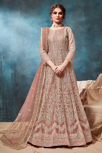 Peach embroidered net anarkali suit