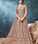 Peach embroidered net anarkali suit