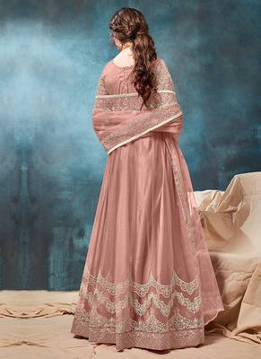 Peach embroidered net anarkali suit 2