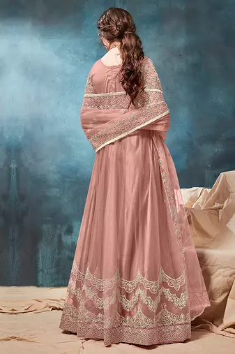Peach embroidered net anarkali suit