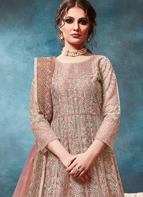 Peach embroidered net anarkali suit 3