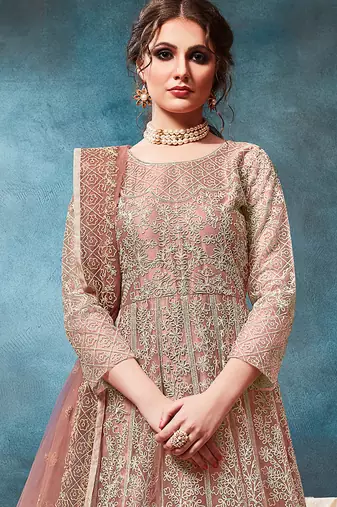 Peach embroidered net anarkali suit
