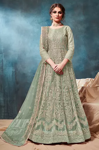 Green embroidered net anarkali suit