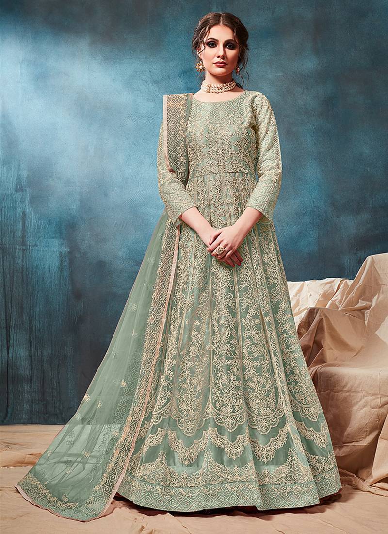 Green embroidered net anarkali suit