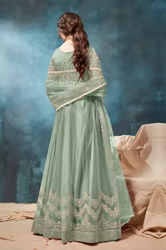 Green embroidered net anarkali suit
