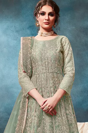 Green embroidered net anarkali suit