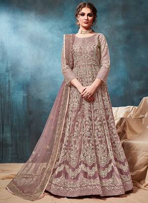 Purple embroidered net anarkali suit 1