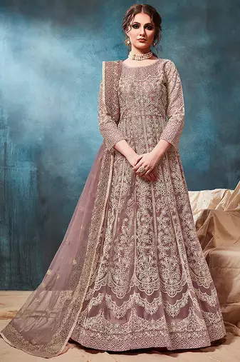 Purple embroidered net anarkali suit