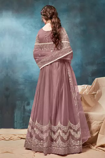 Purple embroidered net anarkali suit