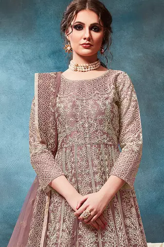 Purple embroidered net anarkali suit