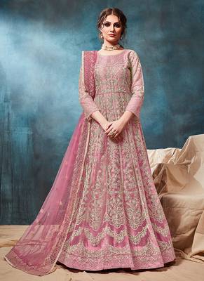Pink embroidered net anarkali suit 1