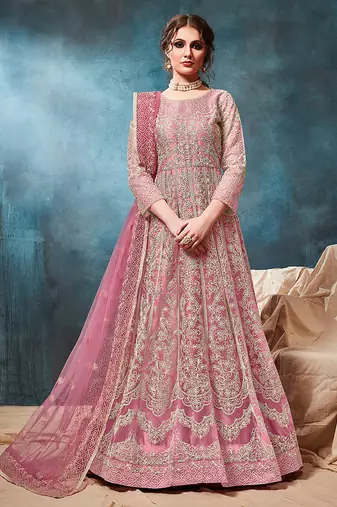 Pink embroidered net anarkali suit