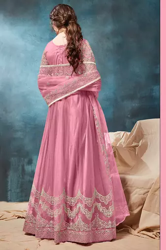 Pink embroidered net anarkali suit