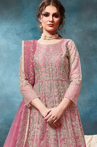Pink embroidered net anarkali suit