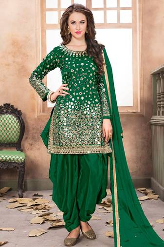 Green embroidered mirror work silk patiala suits