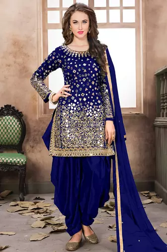 Blue embroidered mirror work silk patiala suits