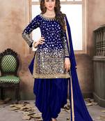 Blue embroidered mirror work silk patiala suits
