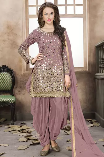 Beige embroidered mirror work silk patiala suits