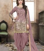 Beige embroidered mirror work silk patiala suits