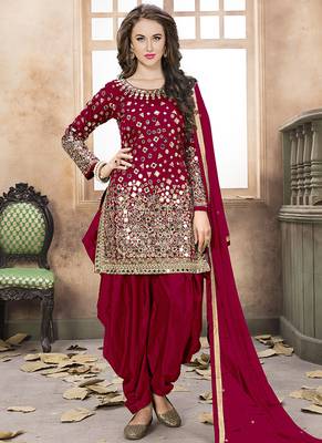 Red embroidered mirror work silk patiala suits 1