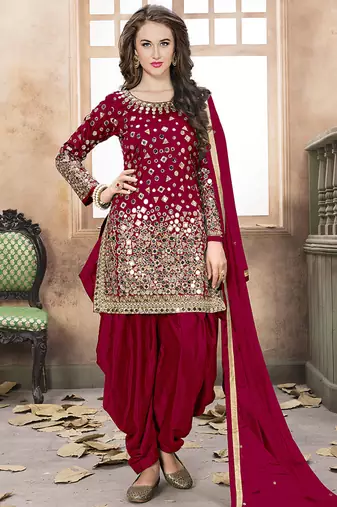 Red embroidered mirror work silk patiala suits