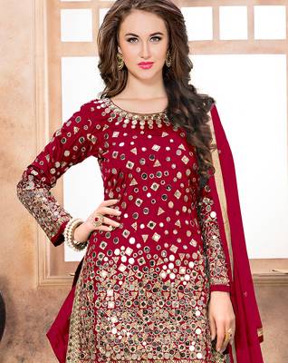 Red embroidered mirror work silk patiala suits 2