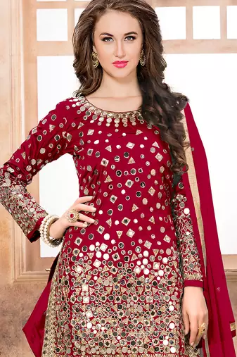 Red embroidered mirror work silk patiala suits