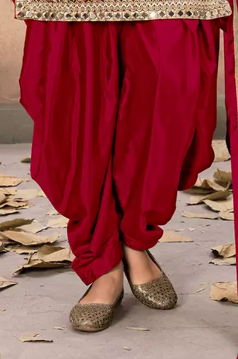 Red embroidered mirror work silk patiala suits