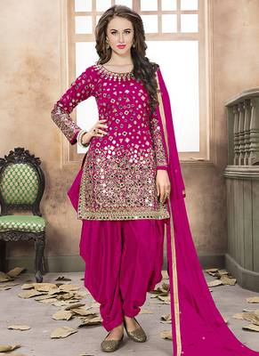 Pink embroidered mirror work silk patiala suits 1