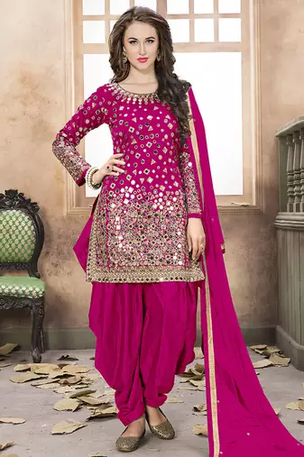 Pink embroidered mirror work silk patiala suits