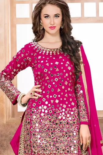 Pink embroidered mirror work silk patiala suits