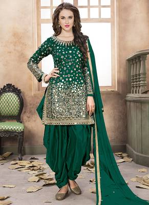 Dark green embroidered mirror work silk patiala suits 1