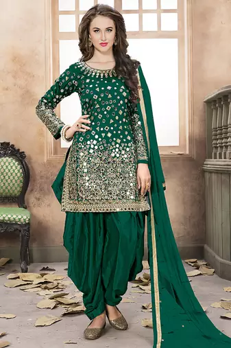 Dark green embroidered mirror work silk patiala suits