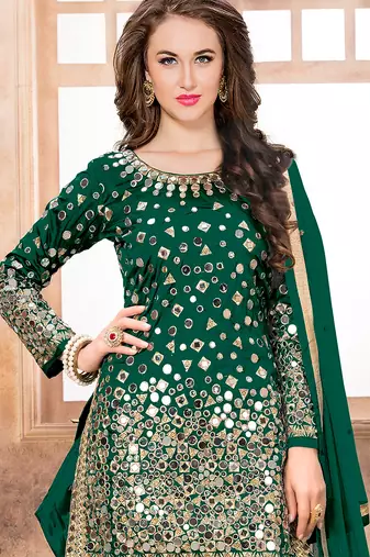 Dark green embroidered mirror work silk patiala suits