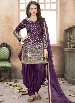 Purple embroidered mirror work silk patiala suits 1
