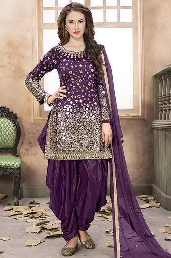 Purple embroidered mirror work silk patiala suits